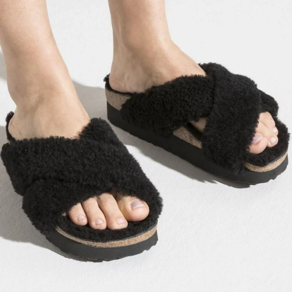 Birkenstock Papillio Daytona Shearling Teddy Platform Two-Strap Sandal Size 38